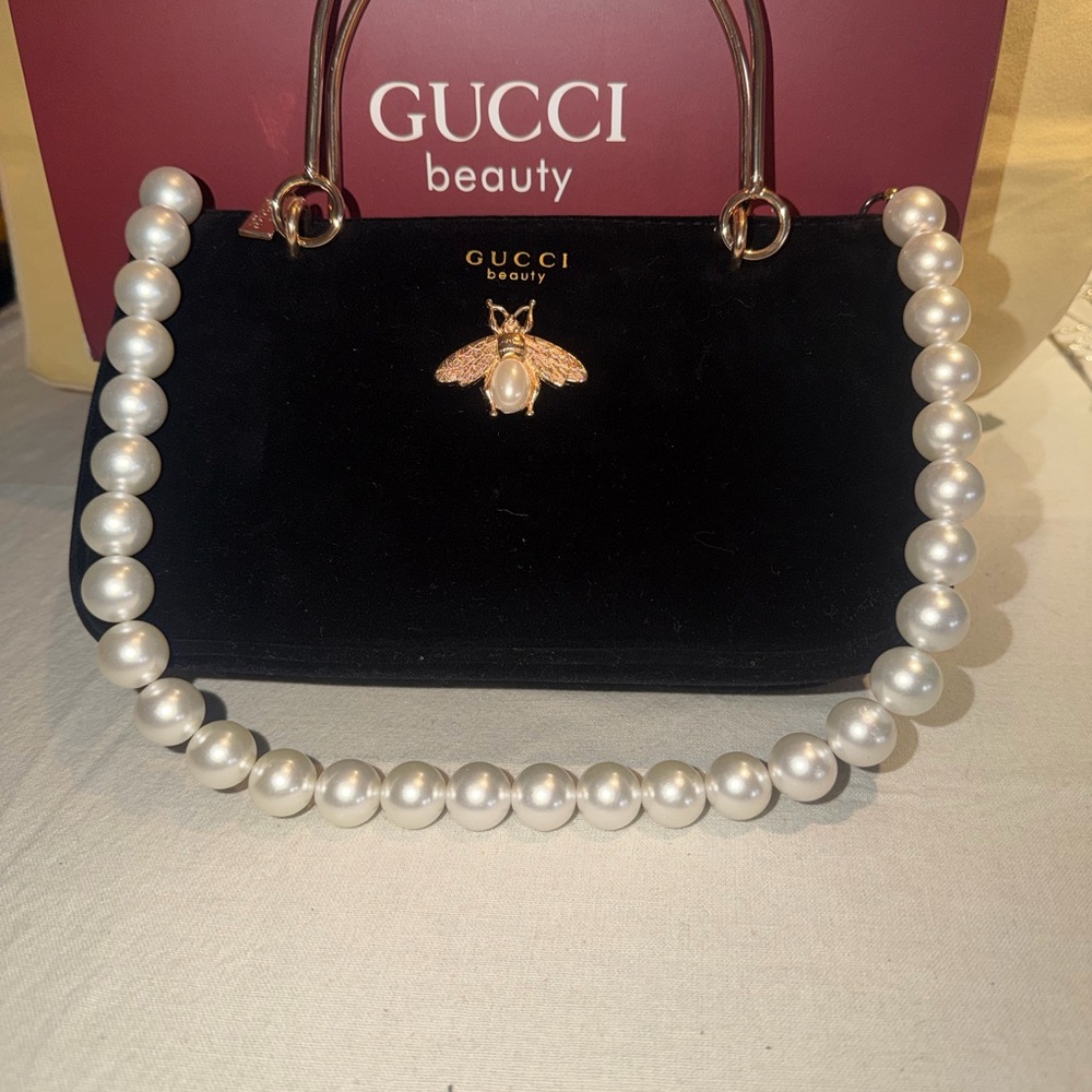 Gucci Beauty Black Velvet Clutch with Pearl Handle